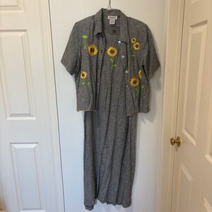 Vintage 90s Gingham Linen Dress with Jacket Embroidered Sunflowers Cottage core